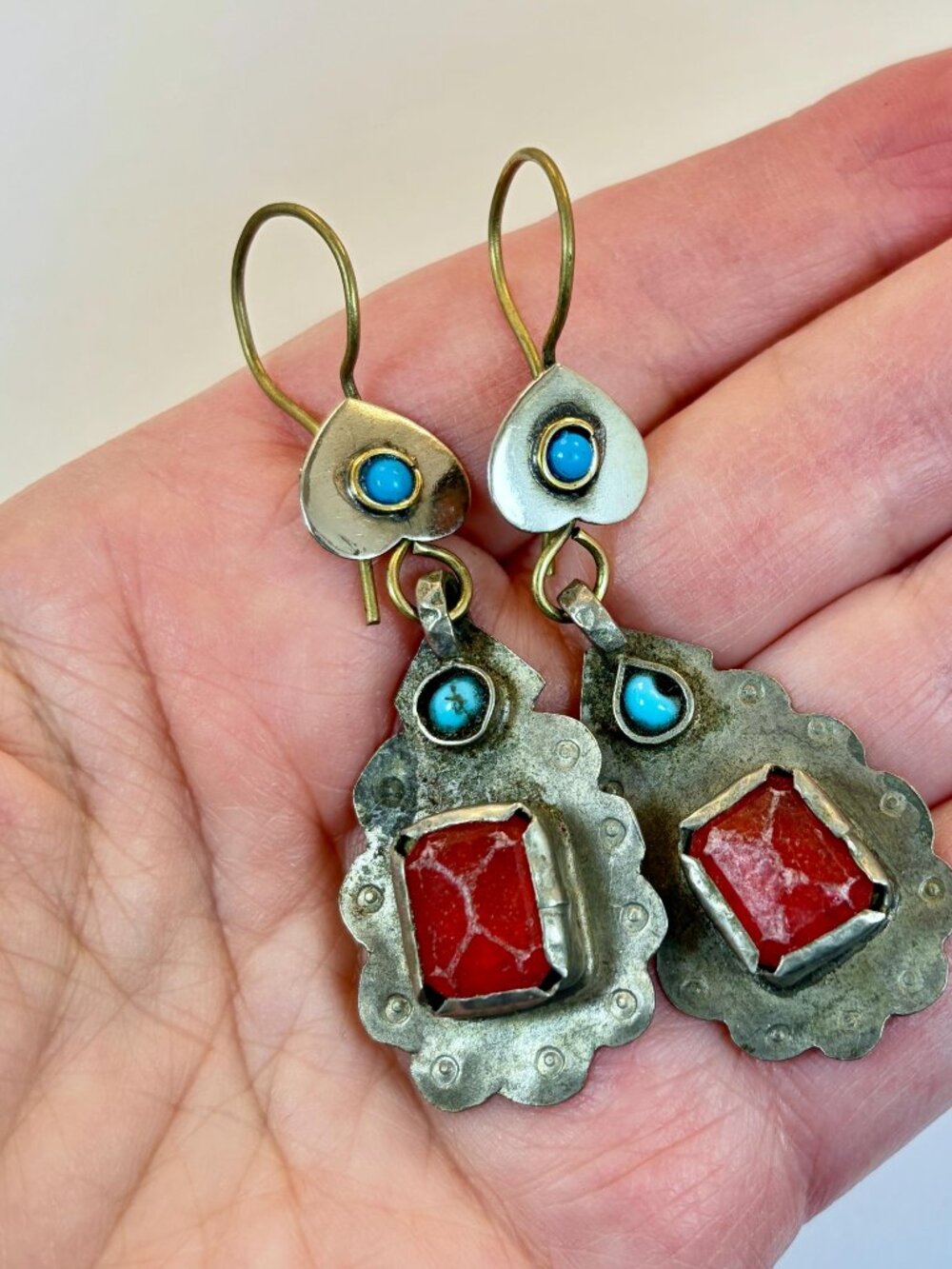 Vintage Earrings, Middle Eastern, Afghan: Red Glass, Mixed Metal, Boho, Ethnic